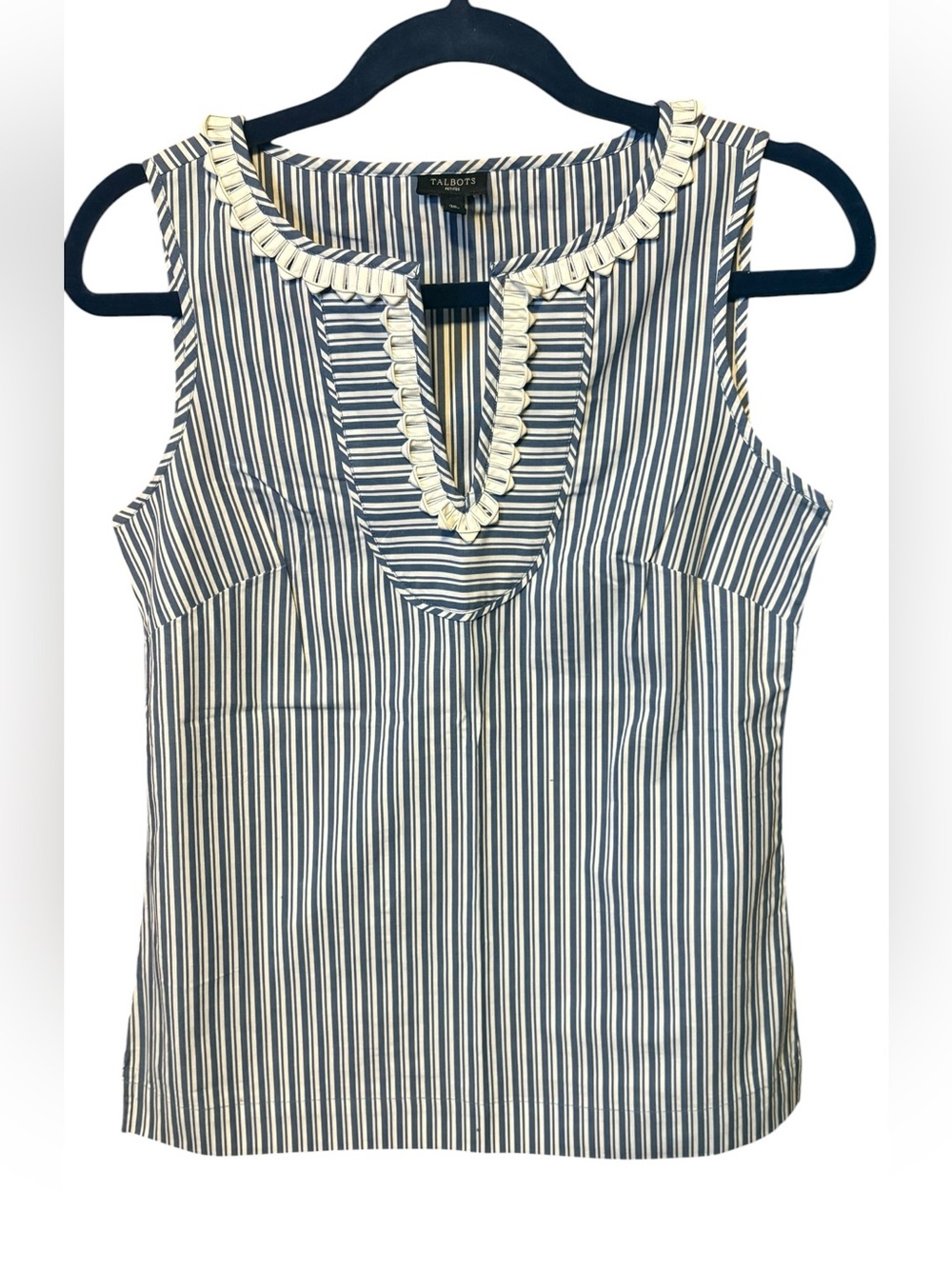Talbots Petite Blue White Stripe Ruffle Sleeveless Top Coastal Preppy 2P - Picture 6 of 7